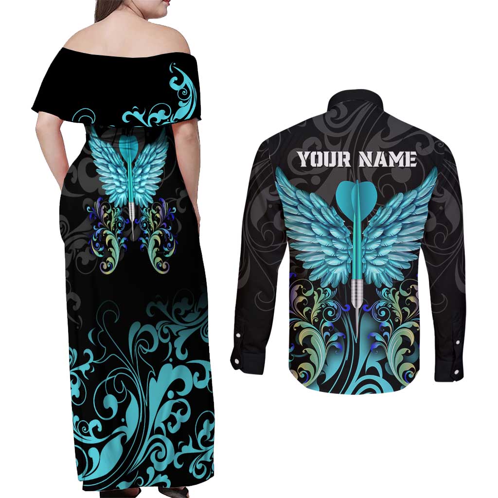 Personalized Elegant Wings and Dartboard Design Couples Matching Off Shoulder Maxi Dress and Long Sleeve Button Shirt with Swirling Floral Patterns - Wonder Print Shop