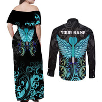 Personalized Elegant Wings and Dartboard Design Couples Matching Off Shoulder Maxi Dress and Long Sleeve Button Shirt with Swirling Floral Patterns - Wonder Print Shop