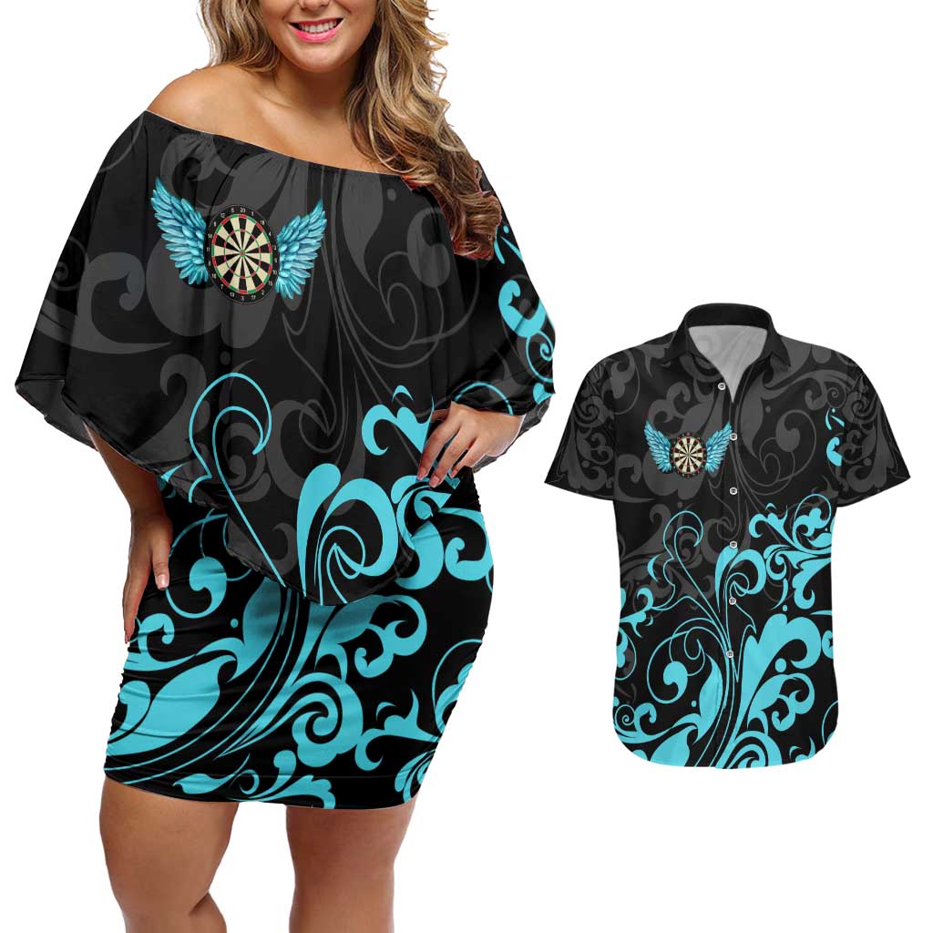 Personalized Elegant Wings and Dartboard Design Couples Matching Off Shoulder Short Dress and Hawaiian Shirt with Swirling Floral Patterns - Wonder Print Shop