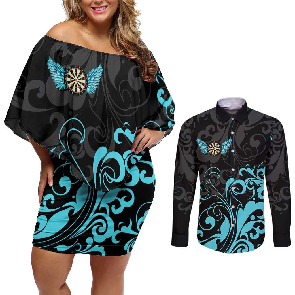 Personalized Elegant Wings and Dartboard Design Couples Matching Off Shoulder Short Dress and Long Sleeve Button Shirt with Swirling Floral Patterns - Wonder Print Shop
