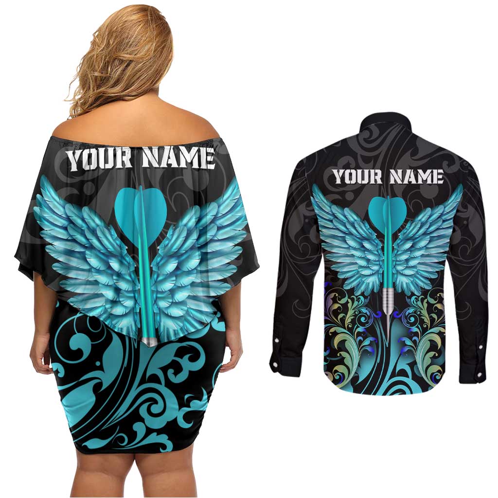 Personalized Elegant Wings and Dartboard Design Couples Matching Off Shoulder Short Dress and Long Sleeve Button Shirt with Swirling Floral Patterns - Wonder Print Shop