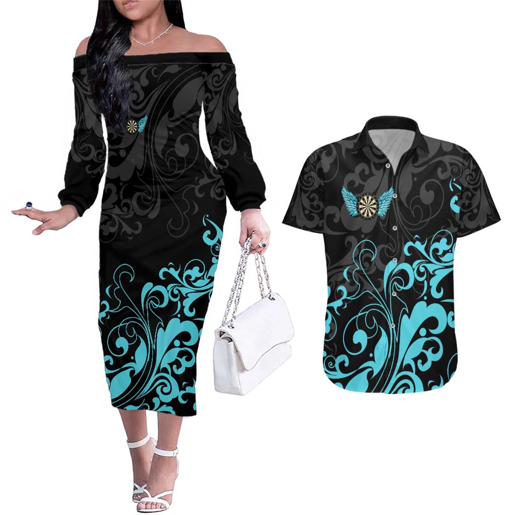 Personalized Elegant Wings and Dartboard Design Couples Matching Off The Shoulder Long Sleeve Dress and Hawaiian Shirt with Swirling Floral Patterns - Wonder Print Shop
