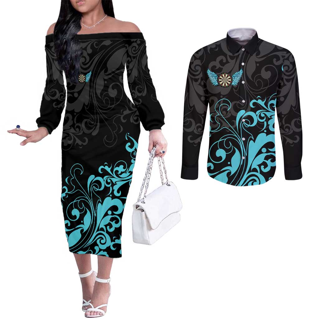Personalized Elegant Wings and Dartboard Design Couples Matching Off The Shoulder Long Sleeve Dress and Long Sleeve Button Shirt with Swirling Floral Patterns - Wonder Print Shop