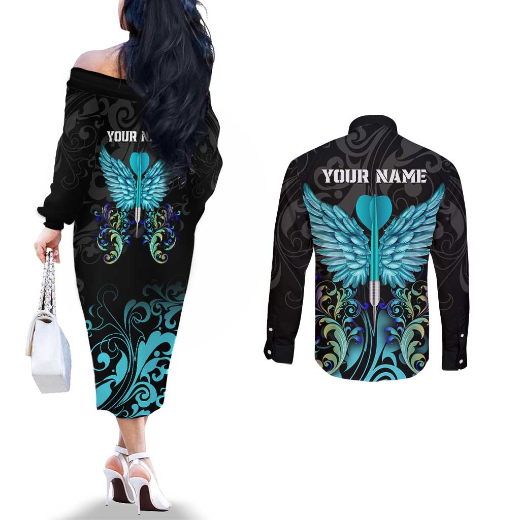 Personalized Elegant Wings and Dartboard Design Couples Matching Off The Shoulder Long Sleeve Dress and Long Sleeve Button Shirt with Swirling Floral Patterns - Wonder Print Shop