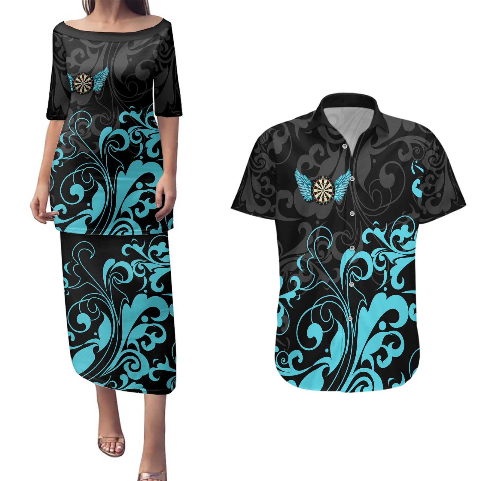 Personalized Elegant Wings and Dartboard Design Couples Matching Puletasi and Hawaiian Shirt with Swirling Floral Patterns - Wonder Print Shop