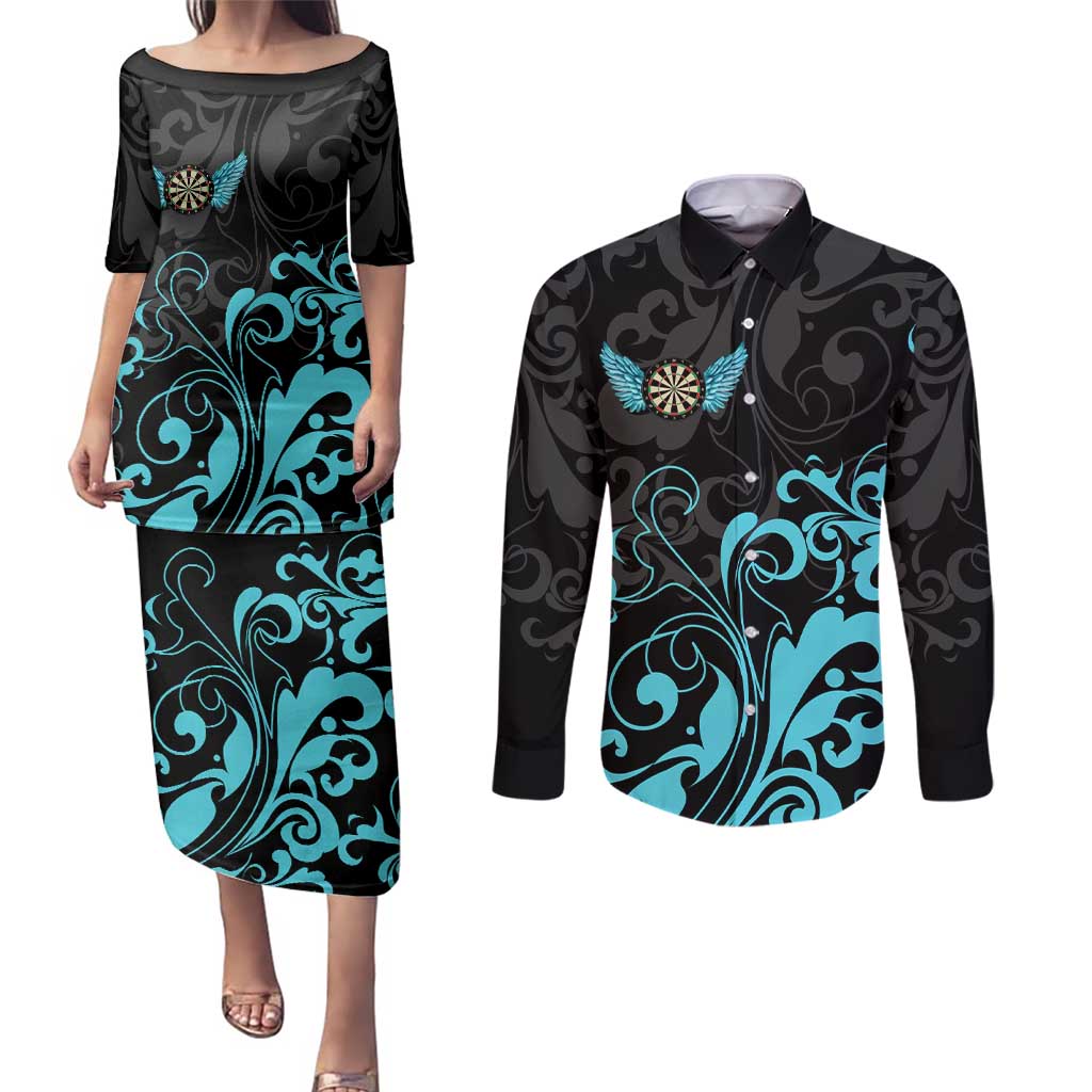 Personalized Elegant Wings and Dartboard Design Couples Matching Puletasi and Long Sleeve Button Shirt with Swirling Floral Patterns - Wonder Print Shop