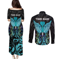 Personalized Elegant Wings and Dartboard Design Couples Matching Puletasi and Long Sleeve Button Shirt with Swirling Floral Patterns - Wonder Print Shop