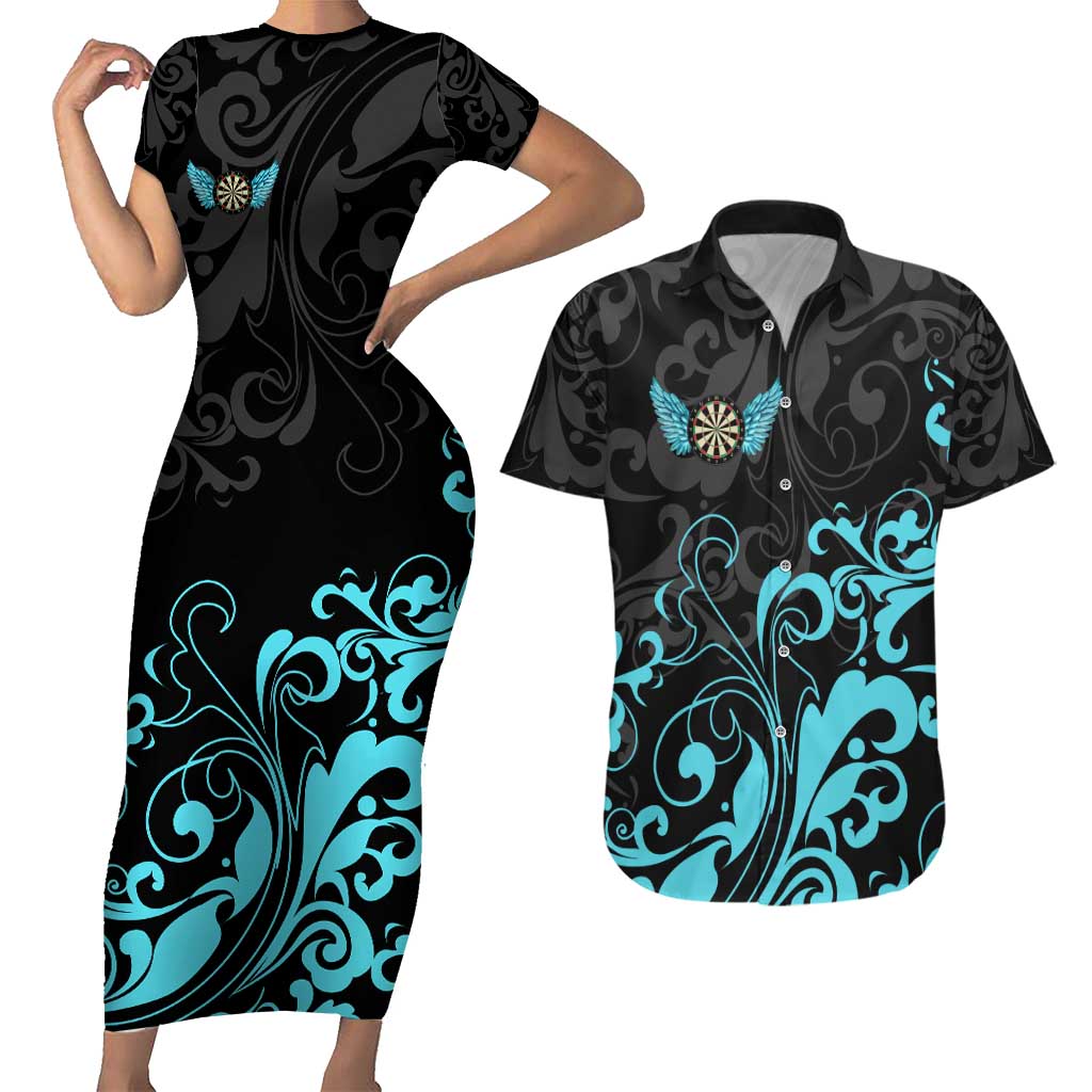 Personalized Elegant Wings and Dartboard Design Couples Matching Short Sleeve Bodycon Dress and Hawaiian Shirt with Swirling Floral Patterns - Wonder Print Shop
