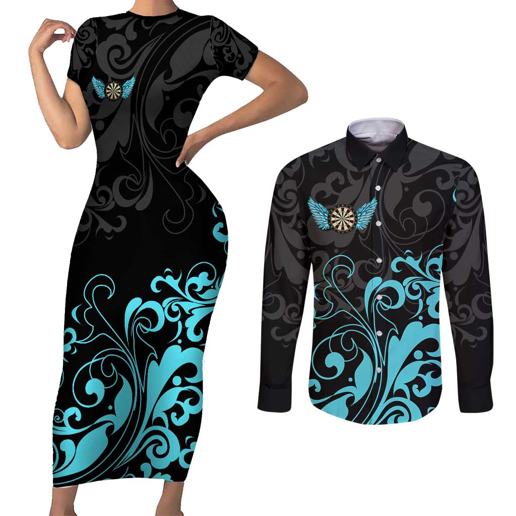 Personalized Elegant Wings and Dartboard Design Couples Matching Short Sleeve Bodycon Dress and Long Sleeve Button Shirt with Swirling Floral Patterns - Wonder Print Shop