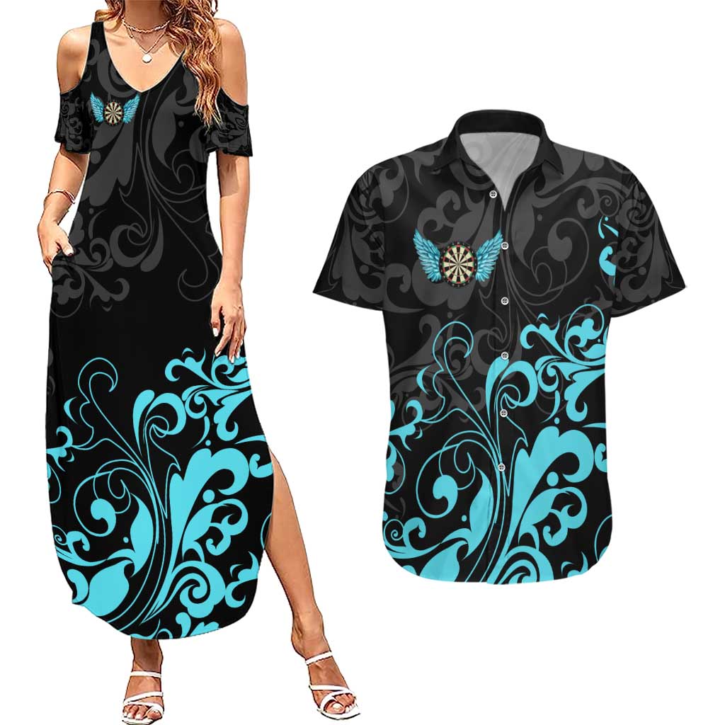 Personalized Elegant Wings and Dartboard Design Couples Matching Summer Maxi Dress and Hawaiian Shirt with Swirling Floral Patterns - Wonder Print Shop