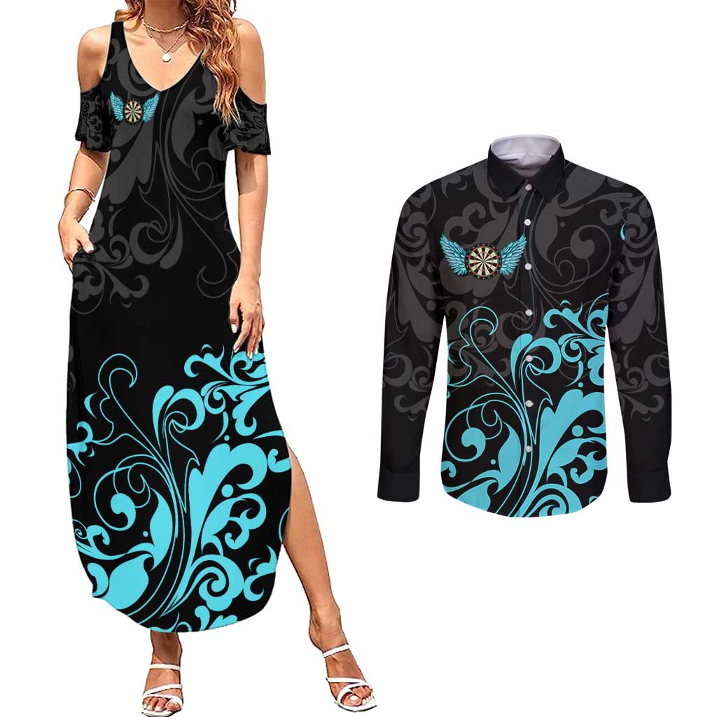 Personalized Elegant Wings and Dartboard Design Couples Matching Summer Maxi Dress and Long Sleeve Button Shirt with Swirling Floral Patterns - Wonder Print Shop