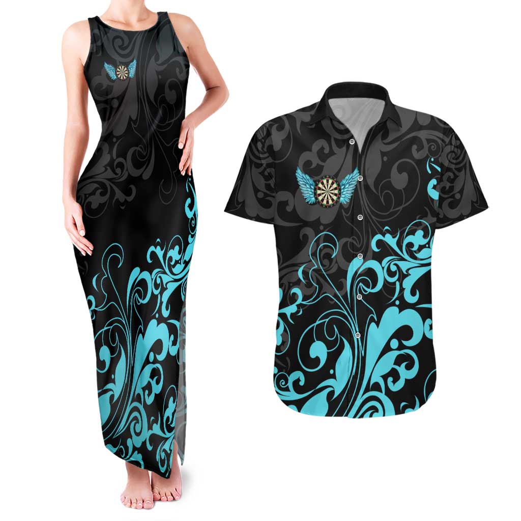 Personalized Elegant Wings and Dartboard Design Couples Matching Tank Maxi Dress and Hawaiian Shirt with Swirling Floral Patterns - Wonder Print Shop