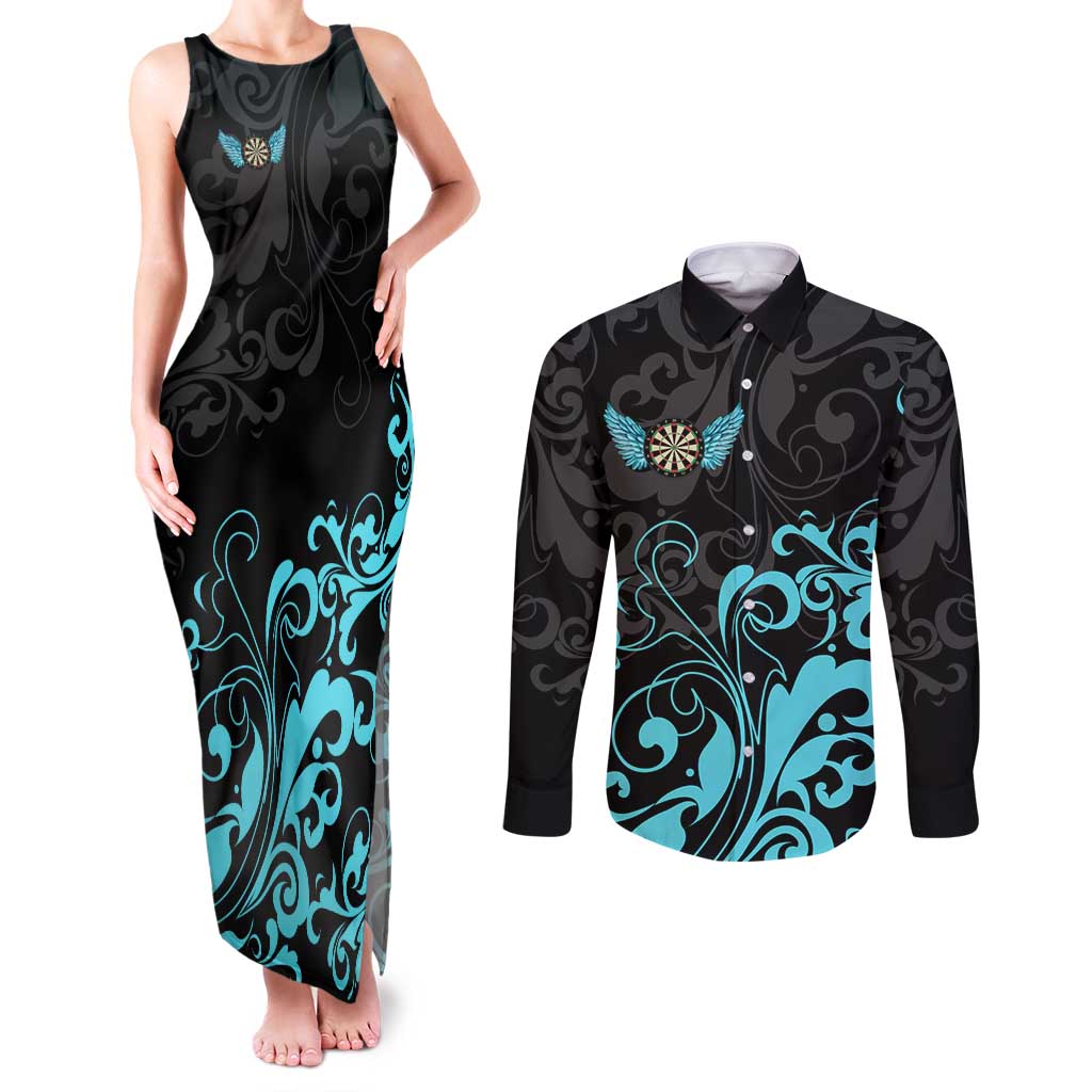Personalized Elegant Wings and Dartboard Design Couples Matching Tank Maxi Dress and Long Sleeve Button Shirt with Swirling Floral Patterns - Wonder Print Shop