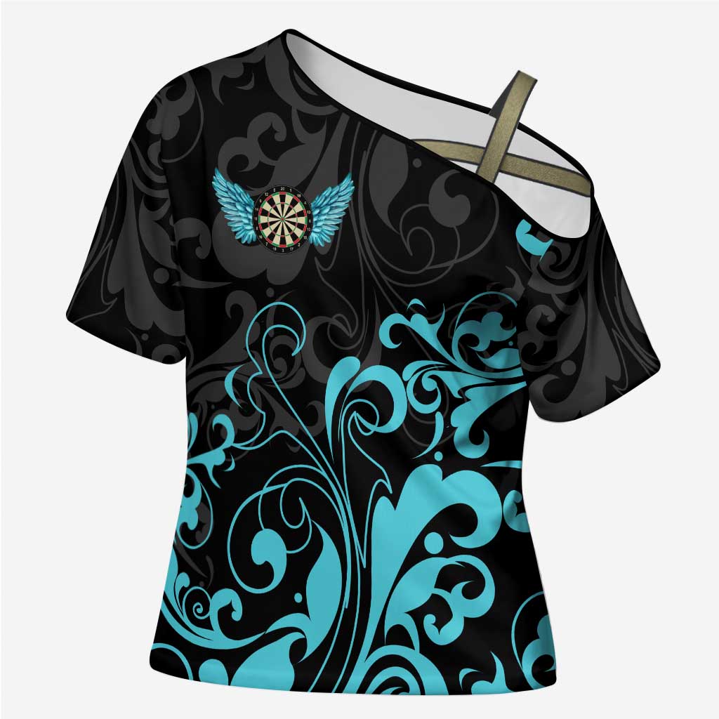 Personalized Elegant Wings and Dartboard Design Cross Shoulder Shirt with Swirling Floral Patterns - Wonder Print Shop