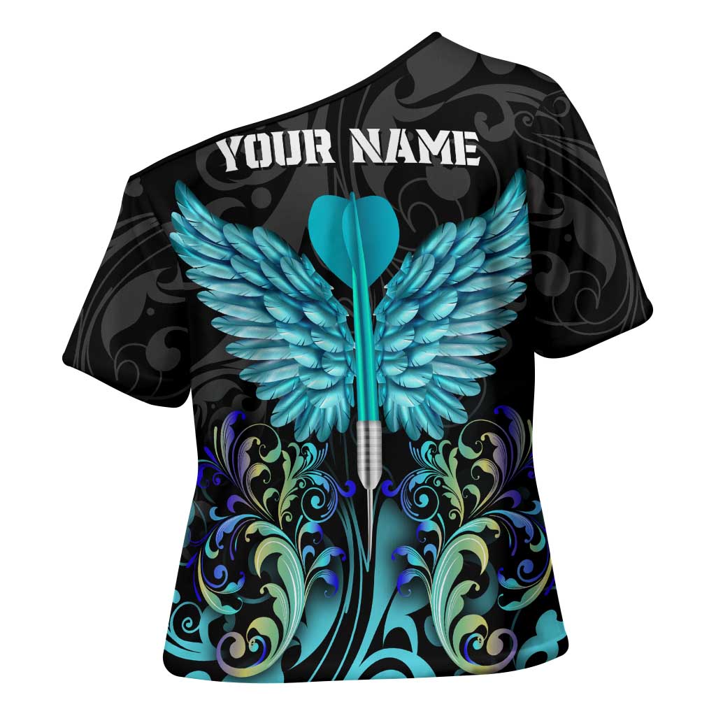 Personalized Elegant Wings and Dartboard Design Cross Shoulder Shirt with Swirling Floral Patterns - Wonder Print Shop