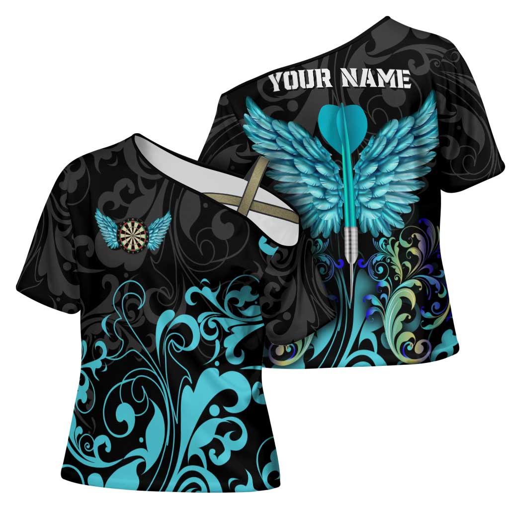 Personalized Elegant Wings and Dartboard Design Cross Shoulder Shirt with Swirling Floral Patterns - Wonder Print Shop