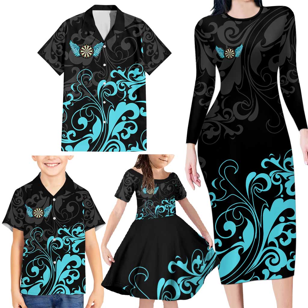Personalized Elegant Wings and Dartboard Design Family Matching Long Sleeve Bodycon Dress and Hawaiian Shirt with Swirling Floral Patterns - Wonder Print Shop