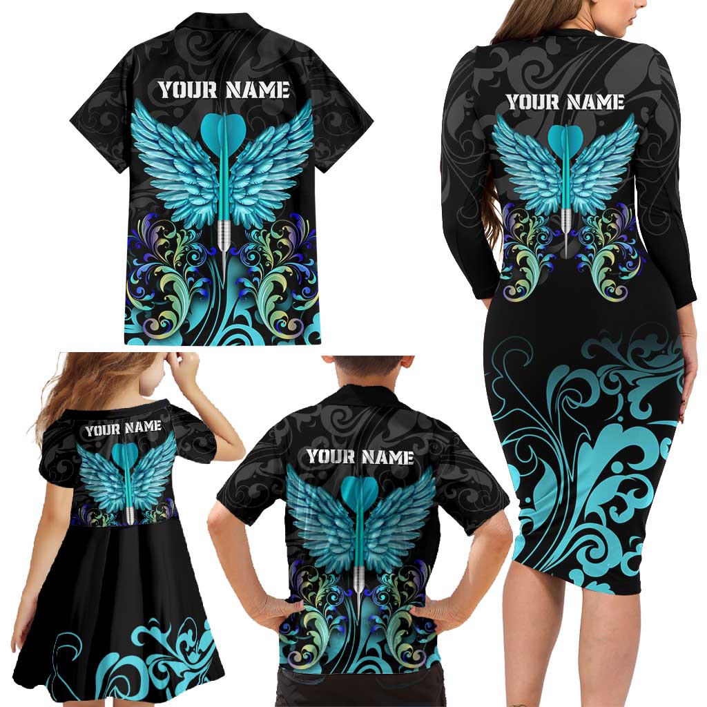 Personalized Elegant Wings and Dartboard Design Family Matching Long Sleeve Bodycon Dress and Hawaiian Shirt with Swirling Floral Patterns - Wonder Print Shop
