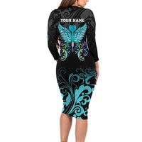 Personalized Elegant Wings and Dartboard Design Family Matching Long Sleeve Bodycon Dress and Hawaiian Shirt with Swirling Floral Patterns - Wonder Print Shop