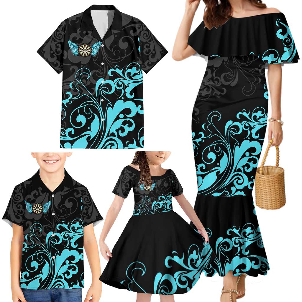 Personalized Elegant Wings and Dartboard Design Family Matching Mermaid Dress and Hawaiian Shirt with Swirling Floral Patterns - Wonder Print Shop