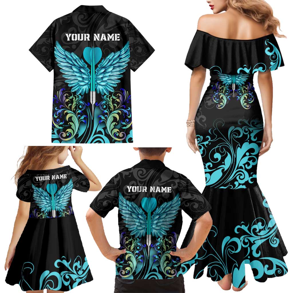 Personalized Elegant Wings and Dartboard Design Family Matching Mermaid Dress and Hawaiian Shirt with Swirling Floral Patterns - Wonder Print Shop