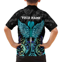 Personalized Elegant Wings and Dartboard Design Family Matching Off The Shoulder Long Sleeve Dress and Hawaiian Shirt with Swirling Floral Patterns - Wonder Print Shop