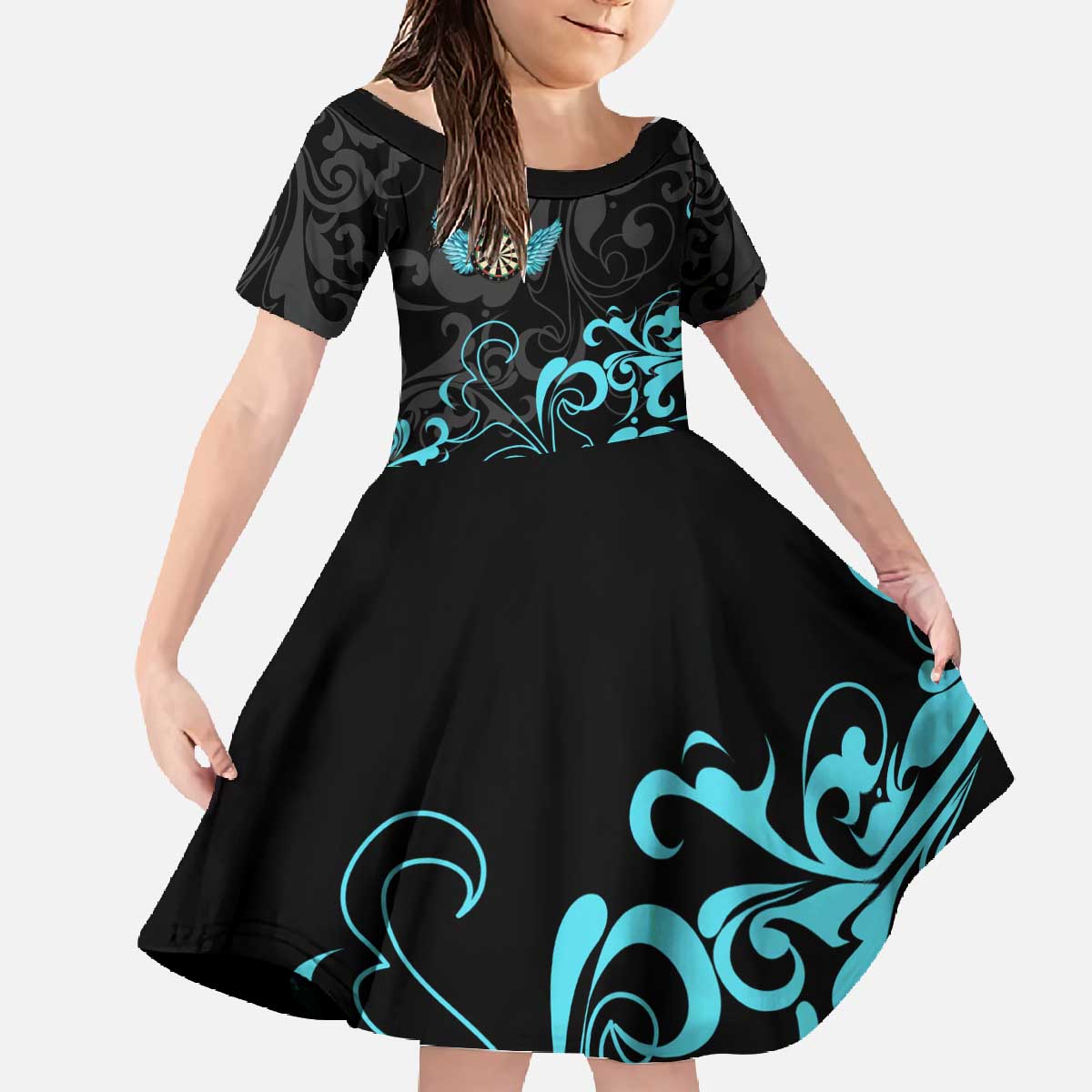 Personalized Elegant Wings and Dartboard Design Family Matching Off The Shoulder Long Sleeve Dress and Hawaiian Shirt with Swirling Floral Patterns - Wonder Print Shop