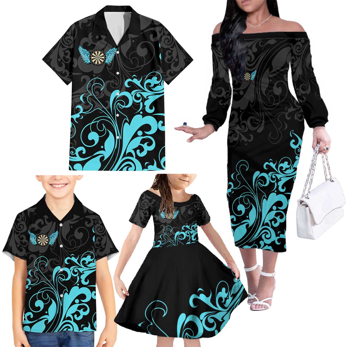 Personalized Elegant Wings and Dartboard Design Family Matching Off The Shoulder Long Sleeve Dress and Hawaiian Shirt with Swirling Floral Patterns - Wonder Print Shop