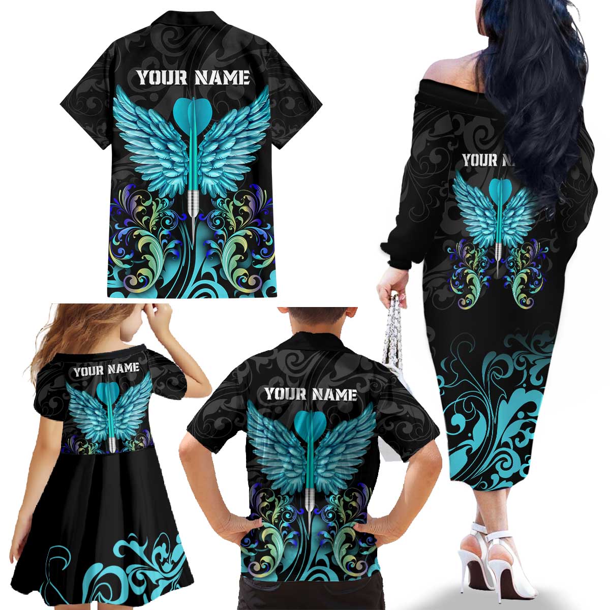 Personalized Elegant Wings and Dartboard Design Family Matching Off The Shoulder Long Sleeve Dress and Hawaiian Shirt with Swirling Floral Patterns - Wonder Print Shop