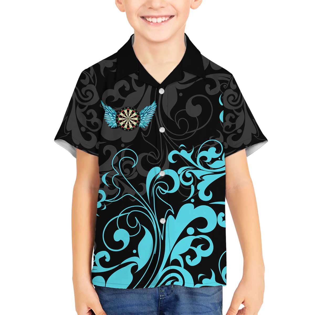 Personalized Elegant Wings and Dartboard Design Family Matching Off The Shoulder Long Sleeve Dress and Hawaiian Shirt with Swirling Floral Patterns - Wonder Print Shop