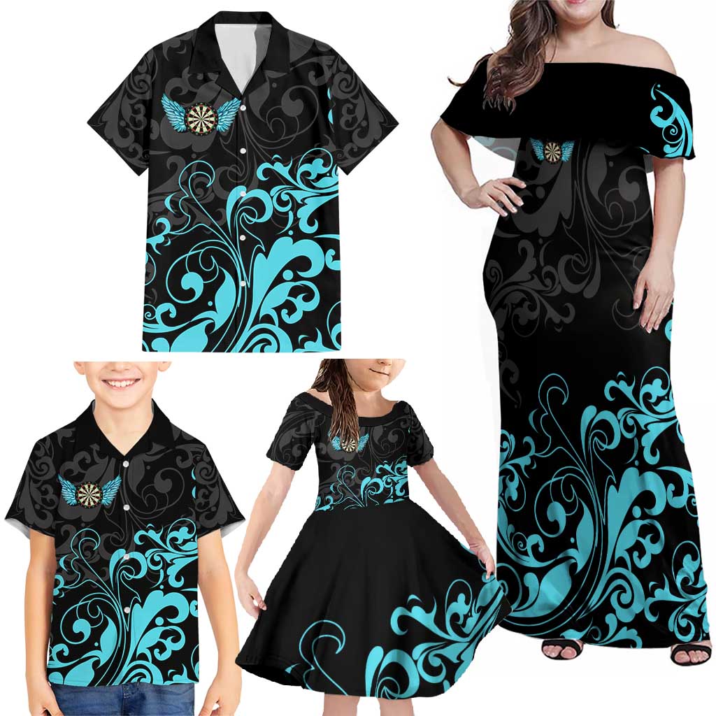 Personalized Elegant Wings and Dartboard Design Family Matching Off Shoulder Maxi Dress and Hawaiian Shirt with Swirling Floral Patterns - Wonder Print Shop