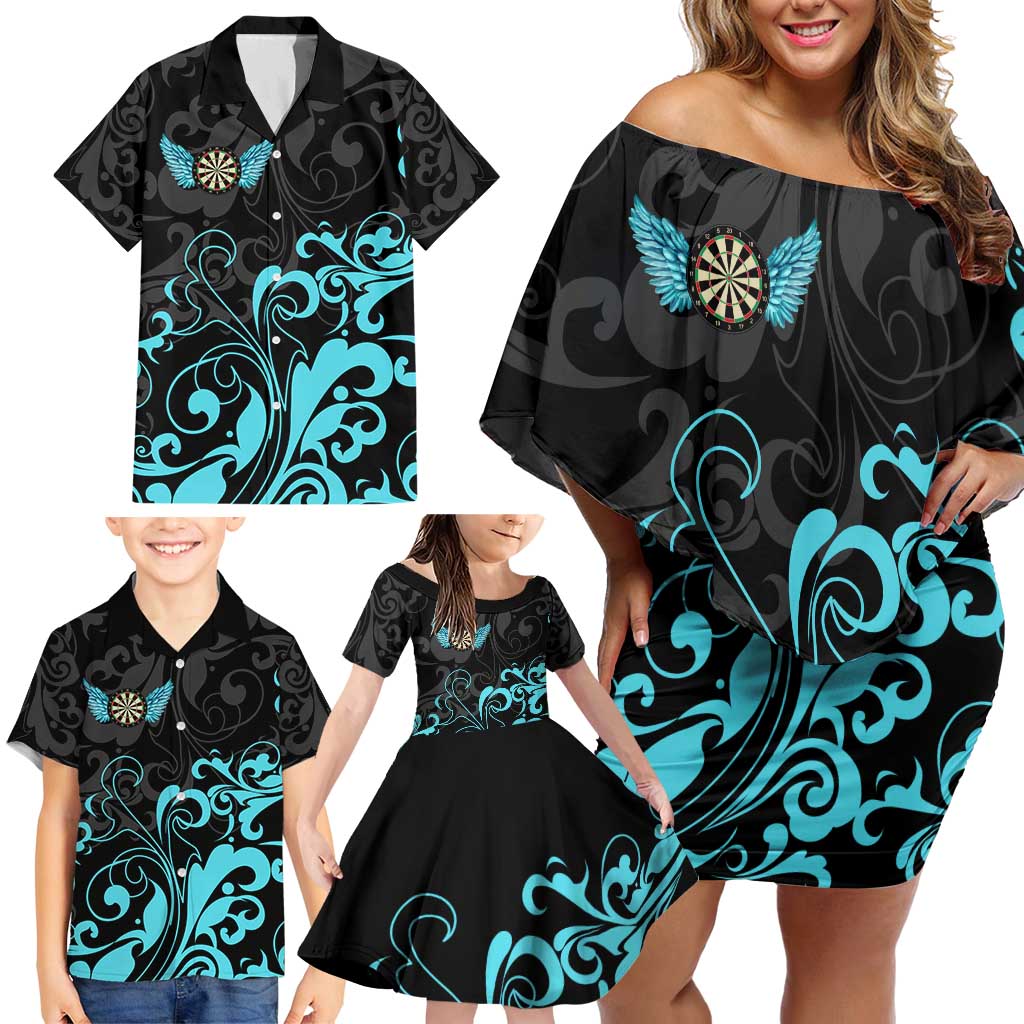 Personalized Elegant Wings and Dartboard Design Family Matching Off Shoulder Short Dress and Hawaiian Shirt with Swirling Floral Patterns - Wonder Print Shop