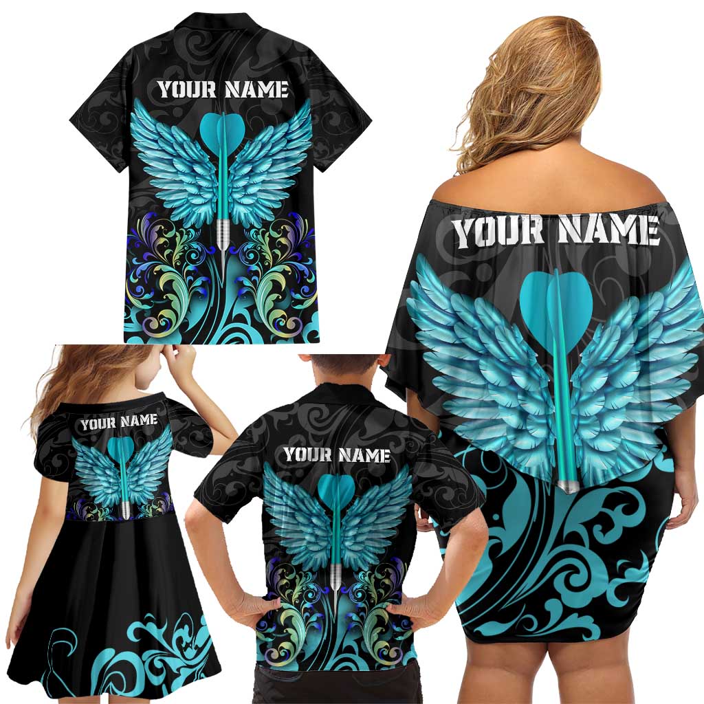 Personalized Elegant Wings and Dartboard Design Family Matching Off Shoulder Short Dress and Hawaiian Shirt with Swirling Floral Patterns - Wonder Print Shop