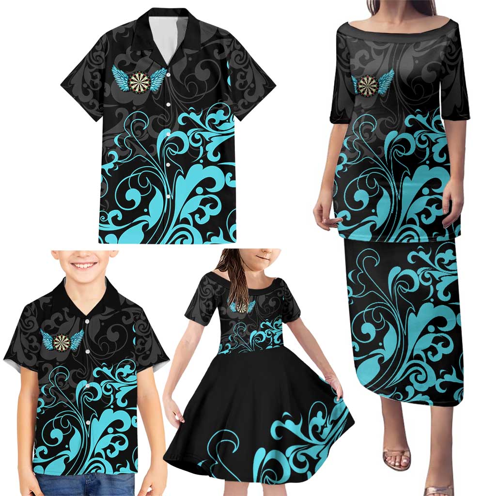 Personalized Elegant Wings and Dartboard Design Family Matching Puletasi and Hawaiian Shirt with Swirling Floral Patterns - Wonder Print Shop