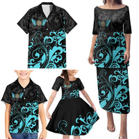 Personalized Elegant Wings and Dartboard Design Family Matching Puletasi and Hawaiian Shirt with Swirling Floral Patterns - Wonder Print Shop