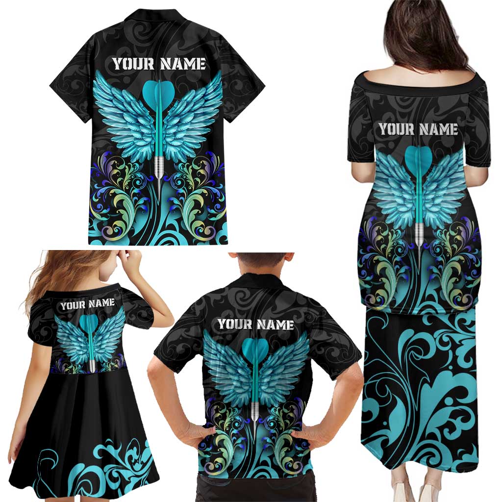 Personalized Elegant Wings and Dartboard Design Family Matching Puletasi and Hawaiian Shirt with Swirling Floral Patterns - Wonder Print Shop