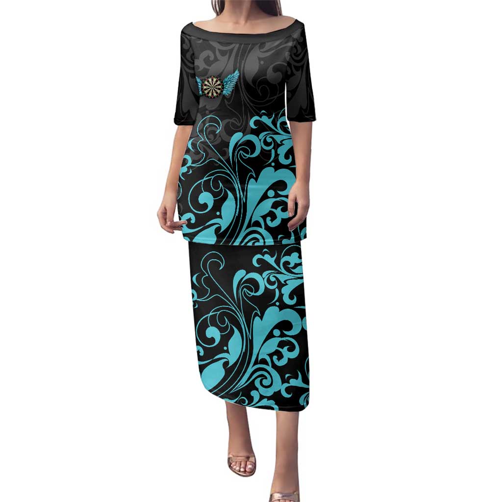 Personalized Elegant Wings and Dartboard Design Family Matching Puletasi and Hawaiian Shirt with Swirling Floral Patterns - Wonder Print Shop