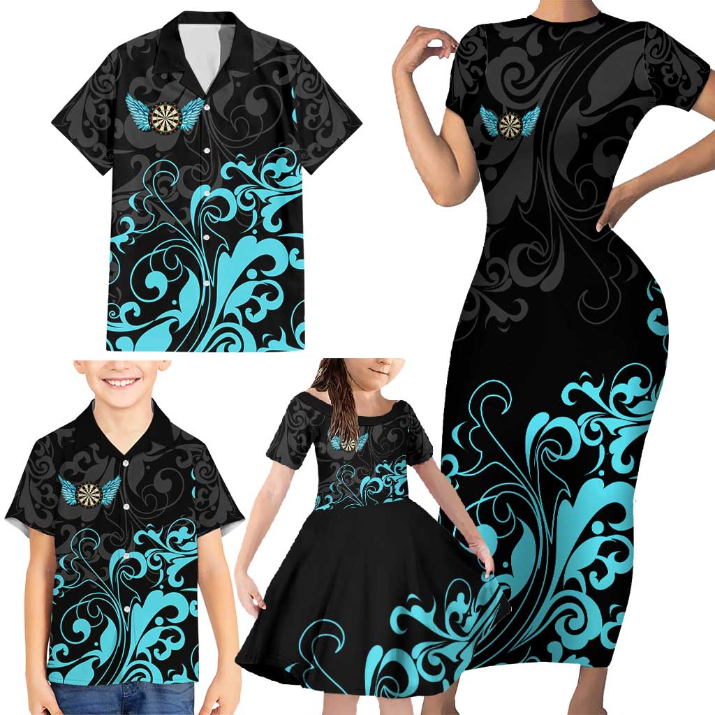 Personalized Elegant Wings and Dartboard Design Family Matching Short Sleeve Bodycon Dress and Hawaiian Shirt with Swirling Floral Patterns - Wonder Print Shop