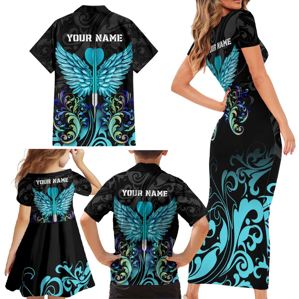 Personalized Elegant Wings and Dartboard Design Family Matching Short Sleeve Bodycon Dress and Hawaiian Shirt with Swirling Floral Patterns - Wonder Print Shop