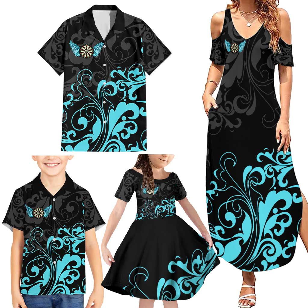 Personalized Elegant Wings and Dartboard Design Family Matching Summer Maxi Dress and Hawaiian Shirt with Swirling Floral Patterns - Wonder Print Shop