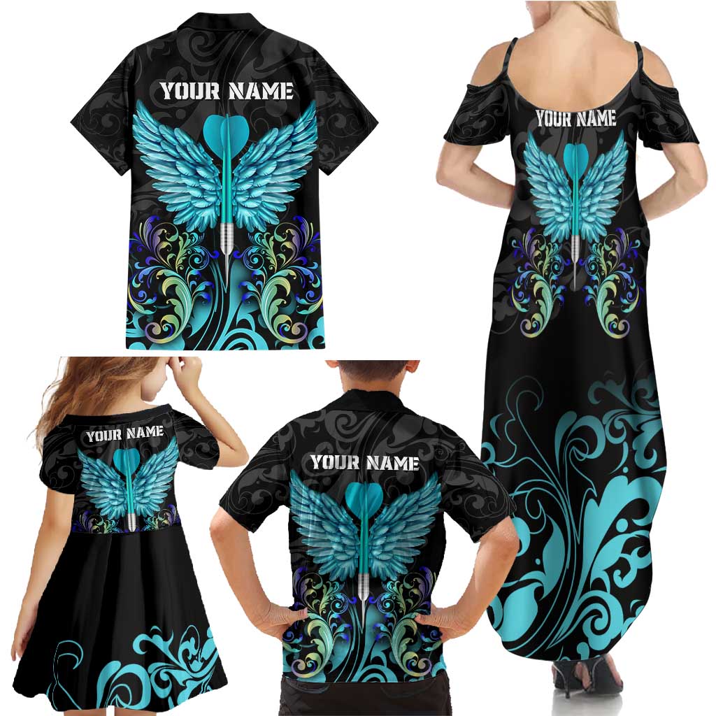 Personalized Elegant Wings and Dartboard Design Family Matching Summer Maxi Dress and Hawaiian Shirt with Swirling Floral Patterns - Wonder Print Shop