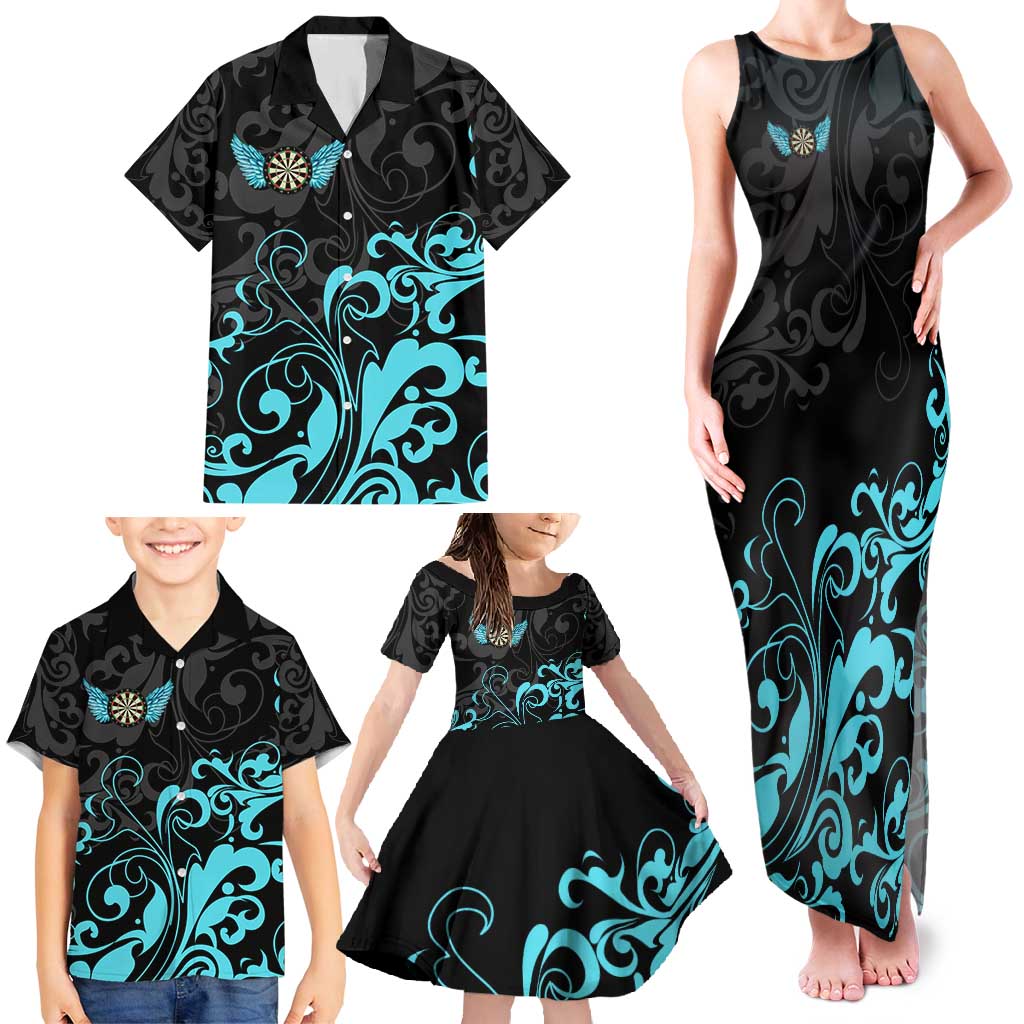 Personalized Elegant Wings and Dartboard Design Family Matching Tank Maxi Dress and Hawaiian Shirt with Swirling Floral Patterns - Wonder Print Shop