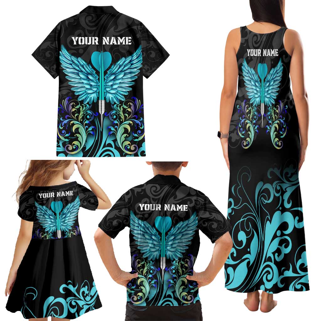 Personalized Elegant Wings and Dartboard Design Family Matching Tank Maxi Dress and Hawaiian Shirt with Swirling Floral Patterns - Wonder Print Shop