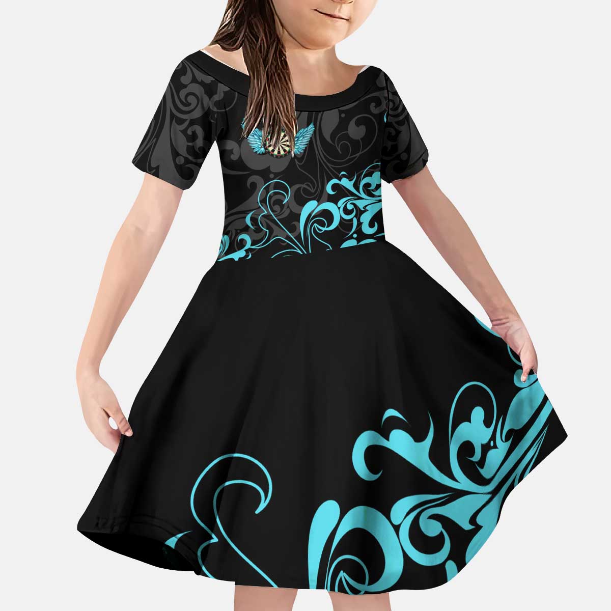Personalized Elegant Wings and Dartboard Design Kid Short Sleeve Dress with Swirling Floral Patterns - Wonder Print Shop