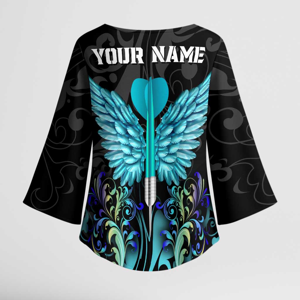 Personalized Elegant Wings and Dartboard Design Kimono Sleeve Blouse with Swirling Floral Patterns - Wonder Print Shop