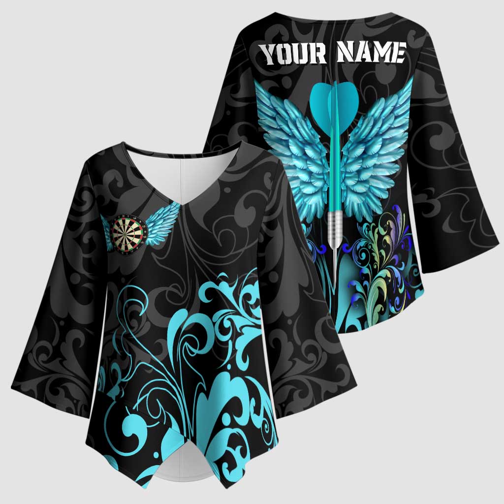 Personalized Elegant Wings and Dartboard Design Kimono Sleeve Blouse with Swirling Floral Patterns - Wonder Print Shop