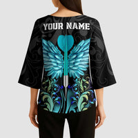 Personalized Elegant Wings and Dartboard Design Kimono Sleeve Blouse with Swirling Floral Patterns - Wonder Print Shop