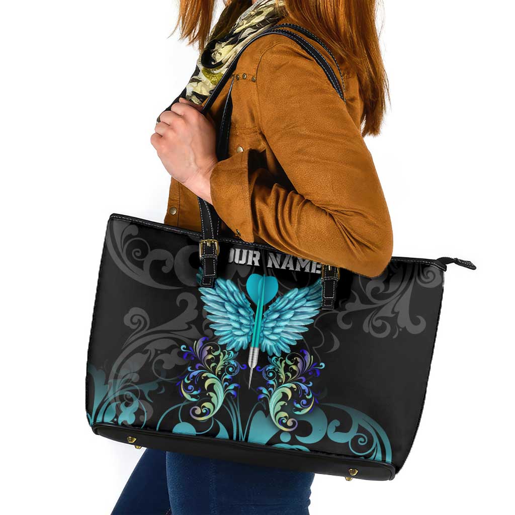 Personalized Elegant Wings and Dartboard Design Leather Tote Bag with Swirling Floral Patterns - Wonder Print Shop