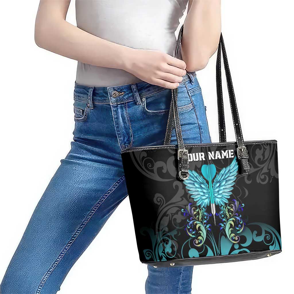 Personalized Elegant Wings and Dartboard Design Leather Tote Bag with Swirling Floral Patterns - Wonder Print Shop