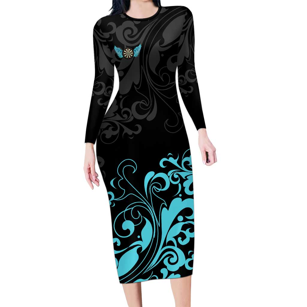 Personalized Elegant Wings and Dartboard Design Long Sleeve Bodycon Dress with Swirling Floral Patterns - Wonder Print Shop